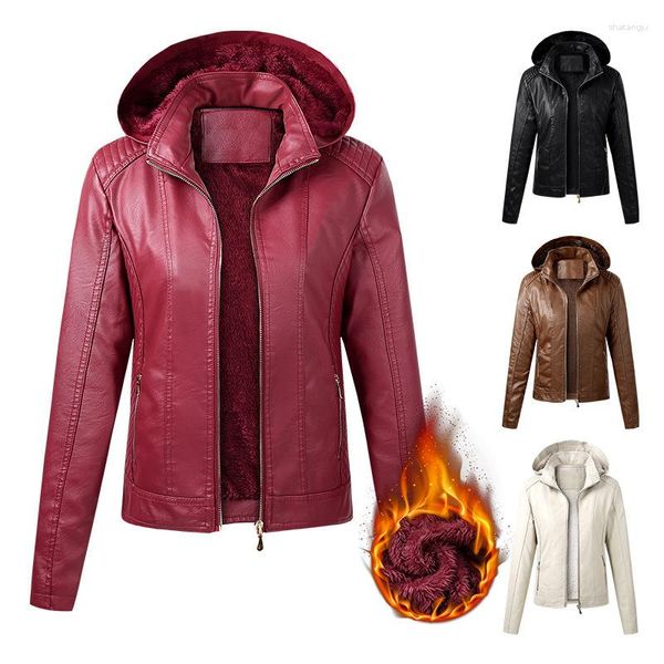 Giacca da moto in finta pelle da donna Donna Cappotto caldo in velluto femminile Inverno 2023 Giacca da motociclista con cappuccio Cerniera Nero Rosso Giallo Marrone