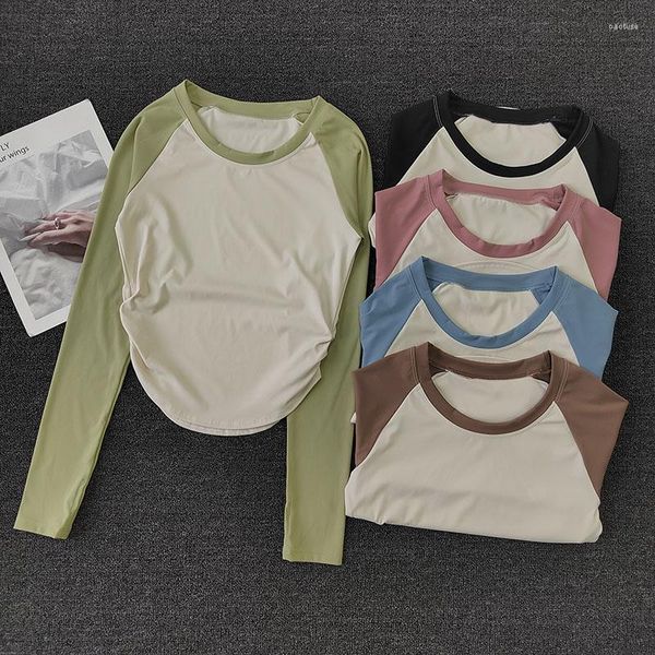 Aktive Shirts, Sport-Top, eng anliegendes, langärmliges T-Shirt mit Farbkontrast für Damen, sexy, körperbedeckendes Yoga, atmungsaktiver Lauf-Fitness-Anzug