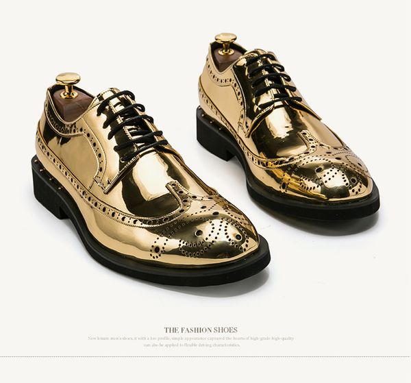 Sapatos masculinos de couro envernizado dourado Oxford sapatos formais tamanho grande 38-46