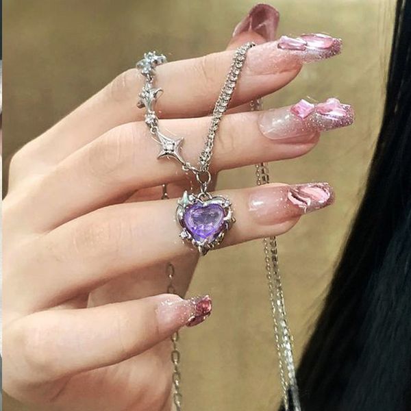 Ожерелья с подвесками Y2K, фиолетовое ожерелье с кристаллами в форме сердца, женское милое крутое ожерелье на ключицу в стиле панк для девочек, модные эстетические ювелирные изделия, подарок 230915