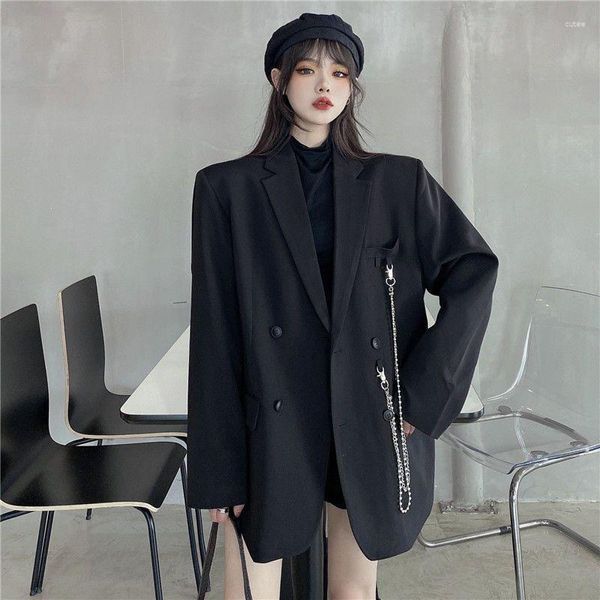 Женские костюмы 2023, женский модный двубортный свободный пиджак, корейский уличный костюм с длинным рукавом, черный женский пиджак с зубчатым воротником
