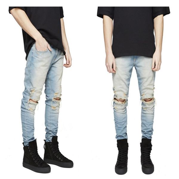 Приталенные рваные мужские джинсы Мужские Hi-Street Мужские потертые джинсовые брюки для бега Уличная одежда Хип-хоп Джинсы до колен Промытые уничтоженные pl229S