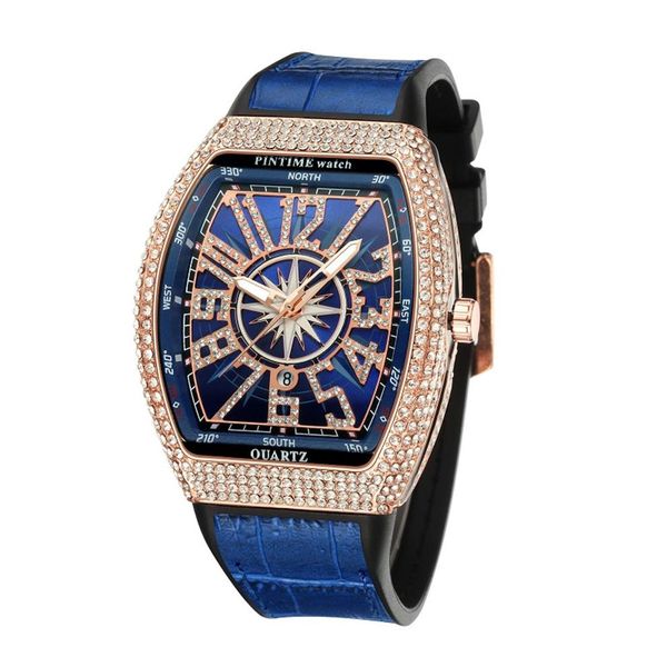 Elegante blaue Mode-Luxusdesigner-Diamant-Alligatorlederarmband-Kalenderdatum-Quarzbatterie-Uhren für Männer und Frauen269w