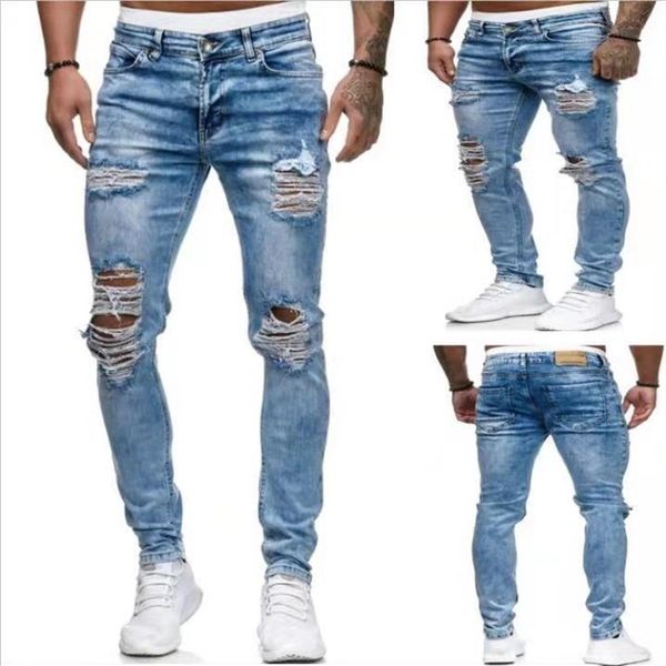 Herren-Jeans, zerrissen, für Männer, lässig, blau, dünn, schmal geschnitten, Denim-Hosen, Biker, Hip-Hop, mit sexy Holel247r