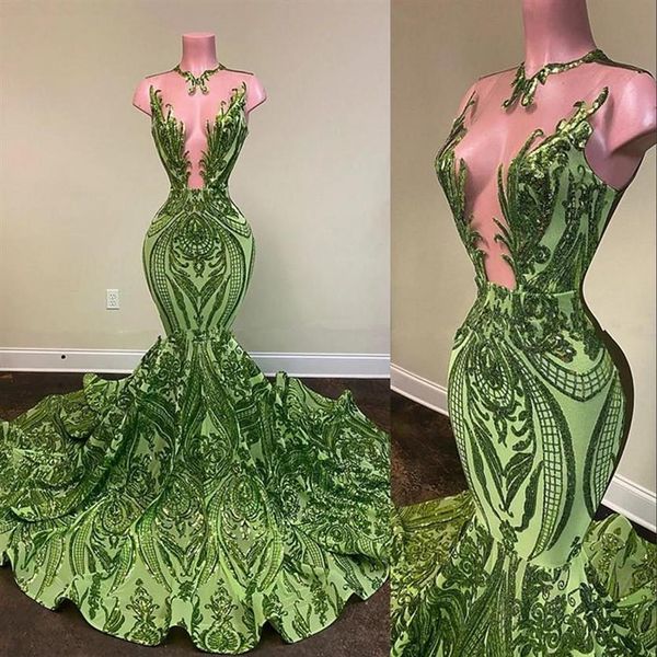Funkelnde Pailletten Olive Green Mermaid Afrikaner Prom Kleider schwarze Mädchen Juwel Hals Illusion Langes Abschlusskleid Plus Größe formelle SE233R
