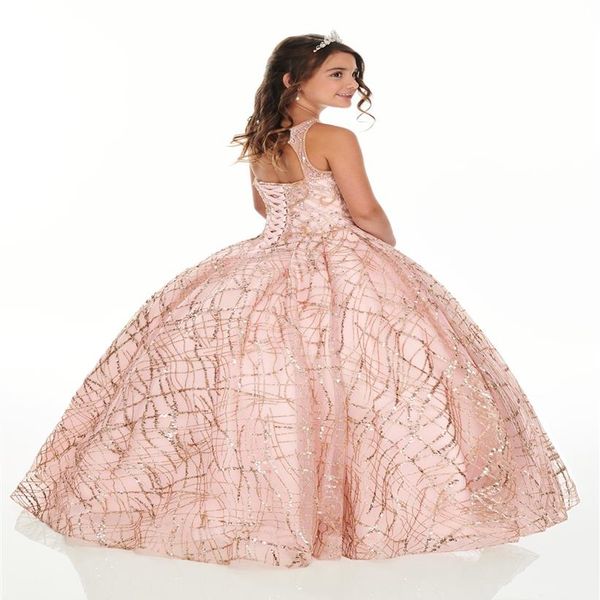 2020 Bling Rose Gold Mini Quinceanera Pageant Vestidos para meninas Glitter Tulle Jewel Strass Frisado Vestido de Festa Criança 334C