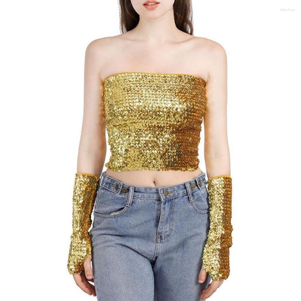 Blouses Femmes Femmes Crop Top Off Épaule Dos Nu Brillant Paillettes Glitter Taille-expoded Tube Élastique Clubwear Bandeau