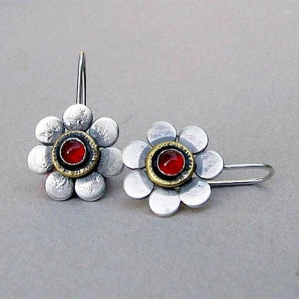 Brincos pendurados vintage cor prata flor étnica metal dois tons flor planta incrustada zircão vermelho para mulheres