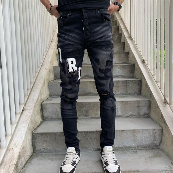 Moda masculina jeans de alta qualidade designer am letras elásticas bordado buraco lavagem estilo rock casual rua jeans grande size261a