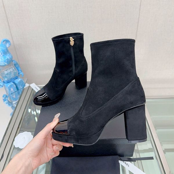 Plataforma estiramento tornozelo botas dedos bloco saltos grossos feminino designer de luxo moda botas fábrica calçados tamanho 35-41