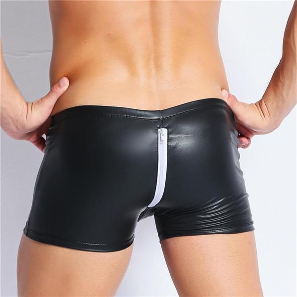 Mutande con apertura sul cavallo Sissy Boxer Shorts in pelle PVC Fetish Uomo Wetlook Crotchless Mutandine in lattice Biancheria intima maschile Porno Gay Costume266n