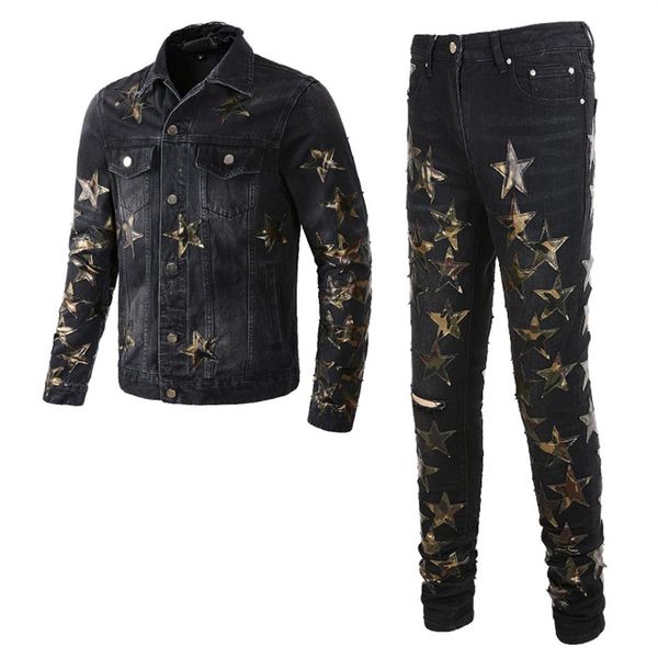 Survêtements noirs Ripped Star Patch Ensembles 2 pièces pour hommes Veste en jean mince à la mode assortie à un jean skinny extensible porté au printemps Hol269e