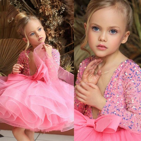 Vestido curto da menina de flor rosa envoltório lantejoulas grânulo natal princesa meninas pageant vestidos tule aniversário primeira comunhão dress223z