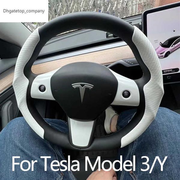 Tesla capa de volante para tesla modelo 3 modelo y modelo s preto vermelho fibra carbono couro anti-pele esporte volante261z