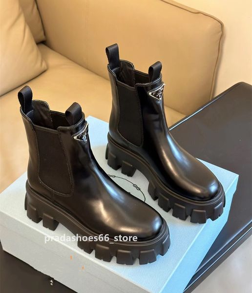 2023 Regenstiefel mit dickem Absatz für Damen, Stiefeletten mit dicker Sohle, Designer-Luxusmarke, Chelsea-Stiefel, mittlere Wadengummischuhe, Martin-Stiefel, Mujer Prads