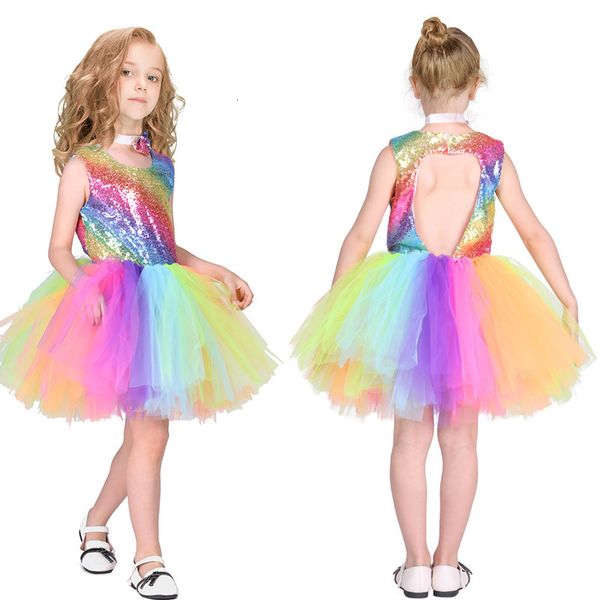 Vestidos da menina cosplay pastel arco-íris lantejoulas vestido bebê menina festa de aniversário princesa traje crianças verão tutu 2 10t roupas 230915