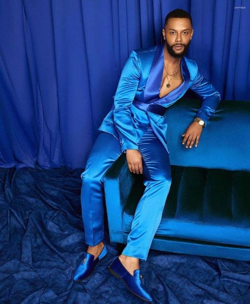 Abiti da uomo TPSAADE 2023 Abito di moda Blu Smoking da sposa in raso di seta Quattro stagioni Abbigliamento da festa Aderente 2 pezzi Blazer Set (cappotto pantaloni)