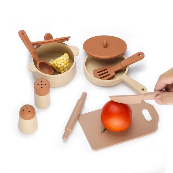 Silikon-Küchenspielset, 9-teilig, BPA-frei, für Kinder, kleiner Koch, Spieltöpfe, Kleinkind-Kochgeschirr, Spielzeug für Mädchen und Jungen im Alter von 3 Jahren