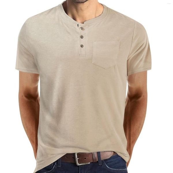 Homens camisetas Gravata Masculino Primavera Verão Confortável Camisa Leve Cor Sólida Bolso Curto Algodão Homens Profundo Pescoço Para