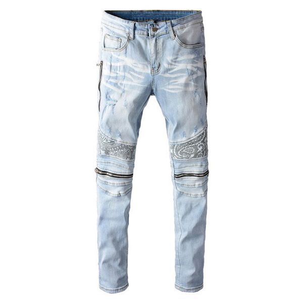 Jeans da motociclista patchwork con stampa paisley bandana blu chiaro da uomo Pantaloni skinny in denim elasticizzato con cerniere streetwear240T