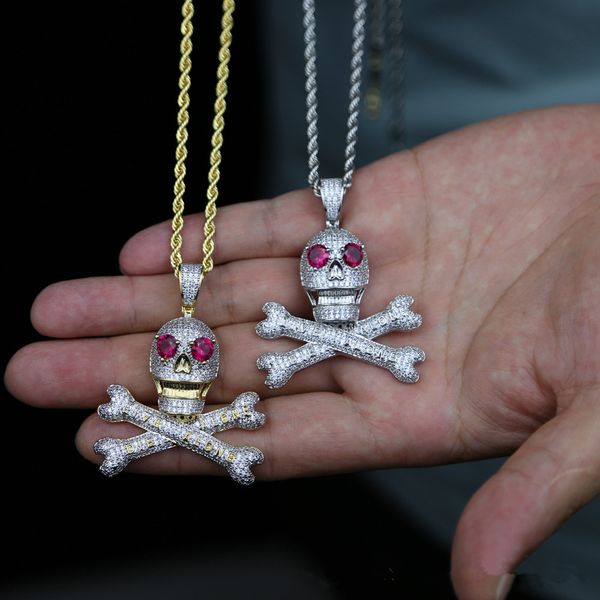 Hip Hop Schmuck Skelett Kopf Knochen Anhänger Halskette Iced Out Vollzirkon Gold Versilbert Bling Halskette
