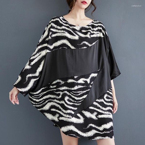 Vestidos casuais 2023 chegada retalhos impressão zebra listra leopardo irregular solto verão outono t camisas vestido moda mulheres