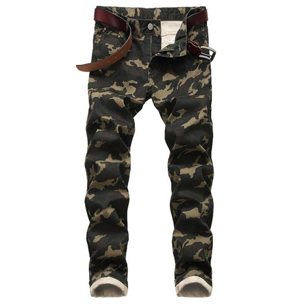 Jeans masculinos homens magro estiramento exército verde impresso calças casuais camo impressão moda personalidade 44219b