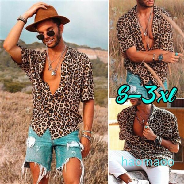 Fashion-Herren Hawaiihemd Männlich Lässig Bedruckt Herren Baggy Beach Leopardenmuster Kurzarm Knopf Retro Hemden Tops Bluse 292s