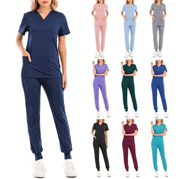 Pantaloni a due pezzi da donna Uniformi infermieristiche Pantaloncini unisex Set da scrub Tasca con maniche Top T-shirt ampia Salotto da lavoro da salone di bellezza Taglie forti