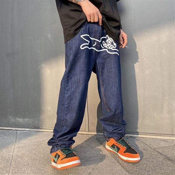 Männer Jeans Flying Dog Print Gerade Lose Herren Retro High Street Oversize Casual Denim Hosen Harajuku Gewaschen Hip Hop Jea239o