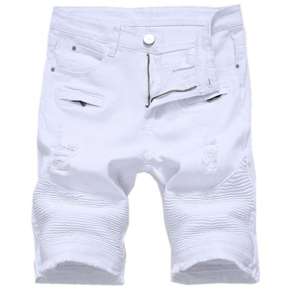 Verão dos homens denim shorts fino casual na altura do joelho curto buraco jeans shorts para homens em linha reta bermuda masculina branco preto red293e