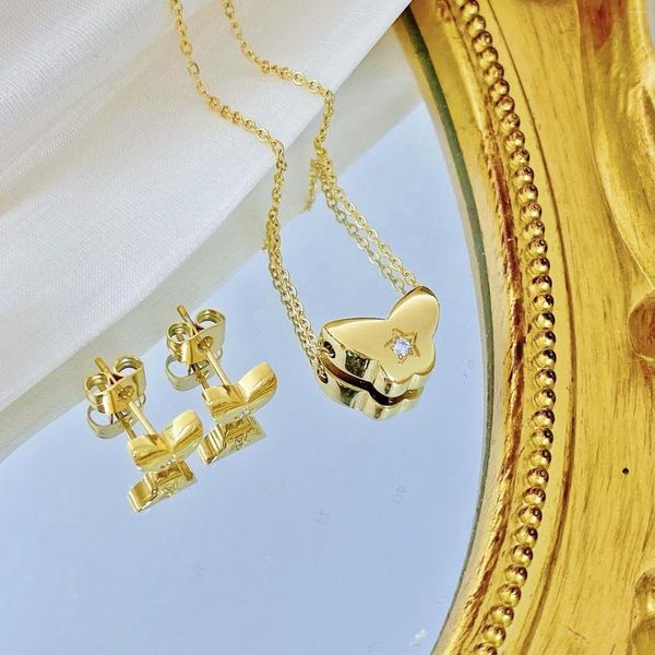 Collana con orecchini a forma di farfalla in acciaio inossidabile 316L color oro per ragazze