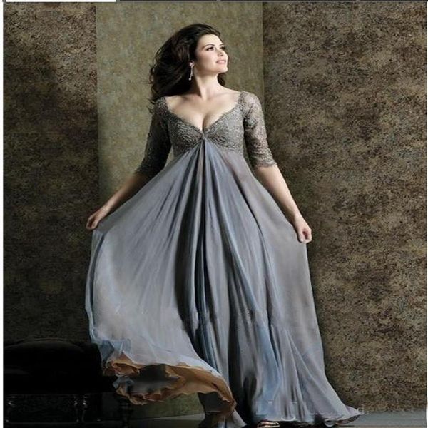 Schickes Plus-Size-Spitzenkleid für die Brautmutter, Ärmel, A-Linie, V-Ausschnitt, Empire-Taille, Kleid für die Mutter des Bräutigams, bodenlang, Chiffon, Even310b