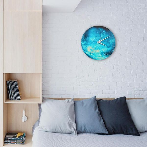 Relógios de parede 30cm relógio de madeira planeta terra lua horloge diy decoração luminosa para sala de estar café restaurante escritório decoração de casa