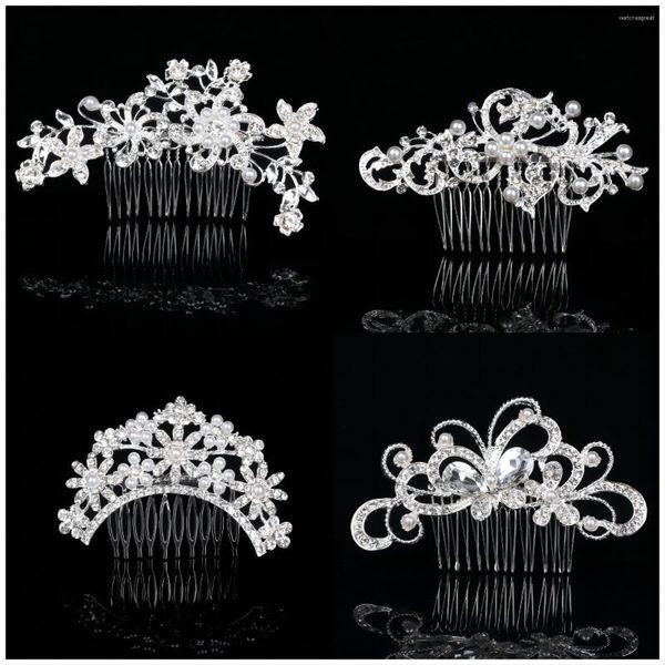 Fermagli per capelli Moda da donna Inserto a pettine con strass in lega di zinco placcato argento con accessori per copricapo da sposa con perle di diamanti