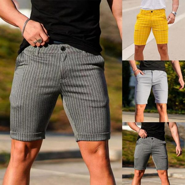 Shorts masculinos homens verão xadrez impressão estiramento fino ajuste chino frente plana casual cor sólida calças respiráveis bottoms