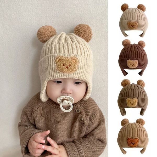 Kapaklar Şapkalar Kış Bebek Beanie Cap Cartoon Bear Ear Koruma Örgü Şapka Toddler Erkek Kızlar Sevimli Koreli Sıcak Çocuklar Tığ Gorros 230915