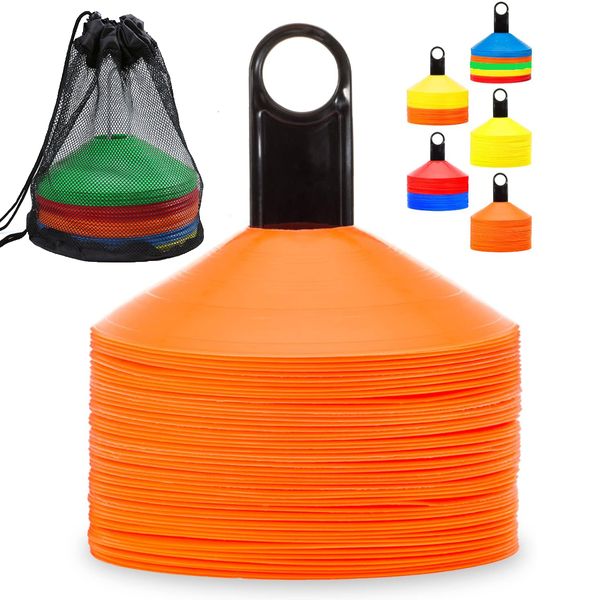 Conjunto de equipamentos de treinamento de 50 cones de futebol de agilidade com disco de bolsa de transporte e suporte para treinamento de futebol infantil marcadores de cone de campo esportivo 230915