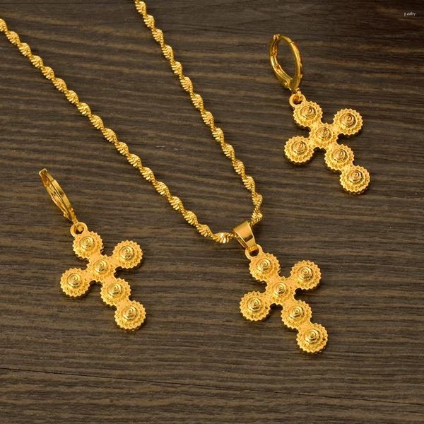 Colar brincos conjunto etíope jesus cruz clássico colares cor de ouro árabe/áfrica casamento dote da noiva presente feminino