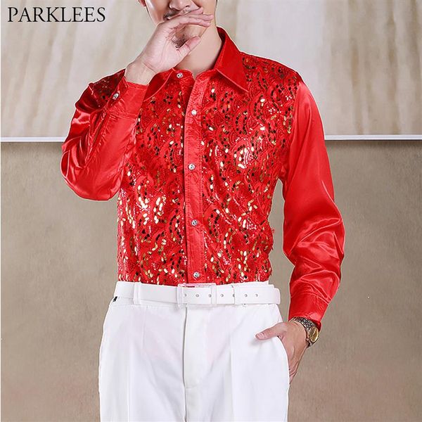 Camicia rossa con paillettes glitterate da uomo manica lunga abbottonata camicie da ballo da ballo da uomo camicia da coro da uomo chemise homme 2XL304D