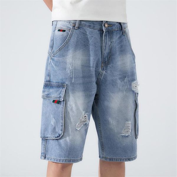 Plus size denim shorts homens 2021 verão moda destruído buraco azul rasgado calças de carga curta masculina186q