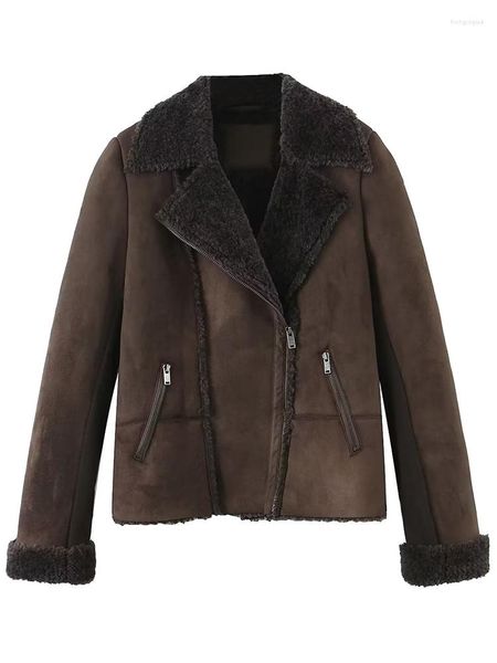 Женская кожаная осенне-зимняя женская винтажная куртка из искусственной замши с мехом ягненка, женская уличная одежда, тонкое толстое теплое мотобайкерское пальто