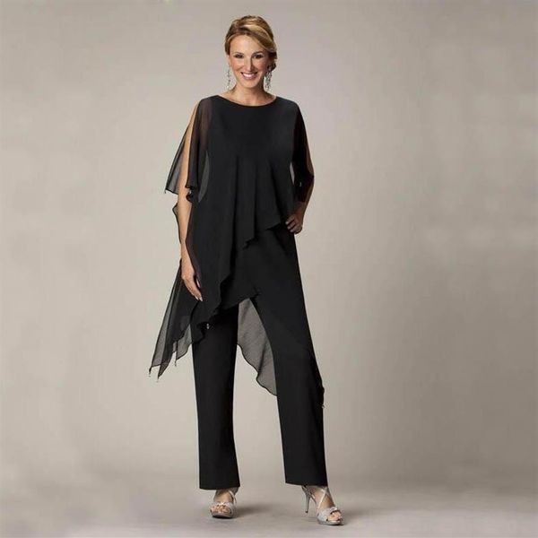 Senhora mãe casual verão wear para as mulheres preto mãe da noiva calça ternos senhoras chiffon festa de casamento noite terno set2428