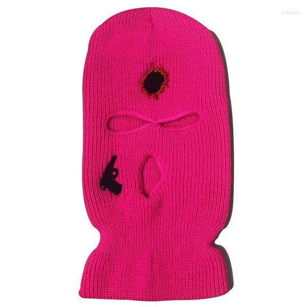 Berretti Sport all'aria aperta Gioco Cosplay Skullies Berretto a 3 fori Ricamo unico Passamontagna Maschera da sci Copertura integrale Cappello lavorato a maglia per l'inverno