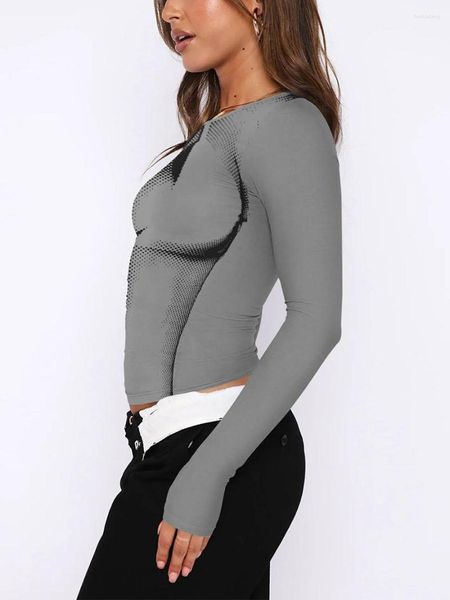 Женские футболки Alyweatry, женские сексуальные укороченные топы с 3D принтом, базовая мода, обтягивающая футболка с круглым вырезом и длинными рукавами, облегающая блузка, топ