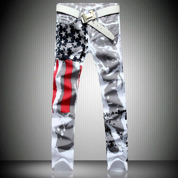 2020 Yeni Moda Erkek Amerika ABD Bayrak Baskılı Kot Pantolon Düz İnce Fit Pantolon Artı Boyut 38 40 42 Men268t için gündelik kot pantolon