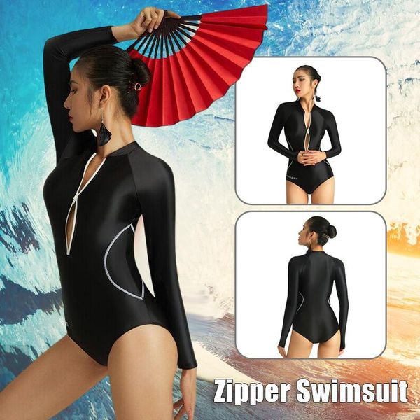 Costume da bagno da donna Costume da surf da donna a maniche lunghe con cerniera in un pezzo Costume da bagno sexy a vita alta con olio liscio