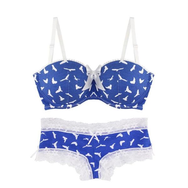 Set di reggiseni MiaoErSiDai Set reggiseno per ragazze sexy Flying Bird Blu stampato intimo in pizzo Bralette e slip imbottito hanno taglia piccola 28-36 A277x