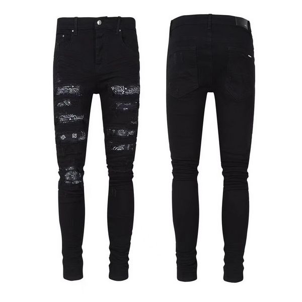 Calça jeans masculina skinny preta pura com remendos de algodão elástico