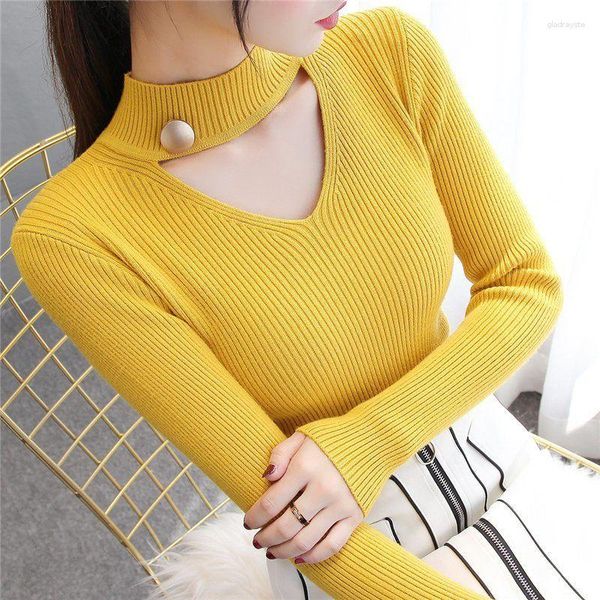 Blusas femininas com nervuras básicas jumpers pulôver roupas sólidas de malha manga longa t camisa irregular streetwear oco para fora amarelo menina topos